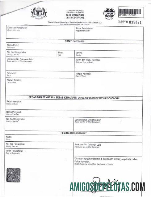 Certidão de Óbito do Departamento de Saúde da Malásia exemplo real